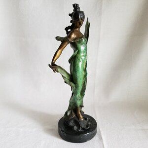 10.25" Art Nouveau Vintage Green Statue Antique Bronze Sculpture Marble Lady
